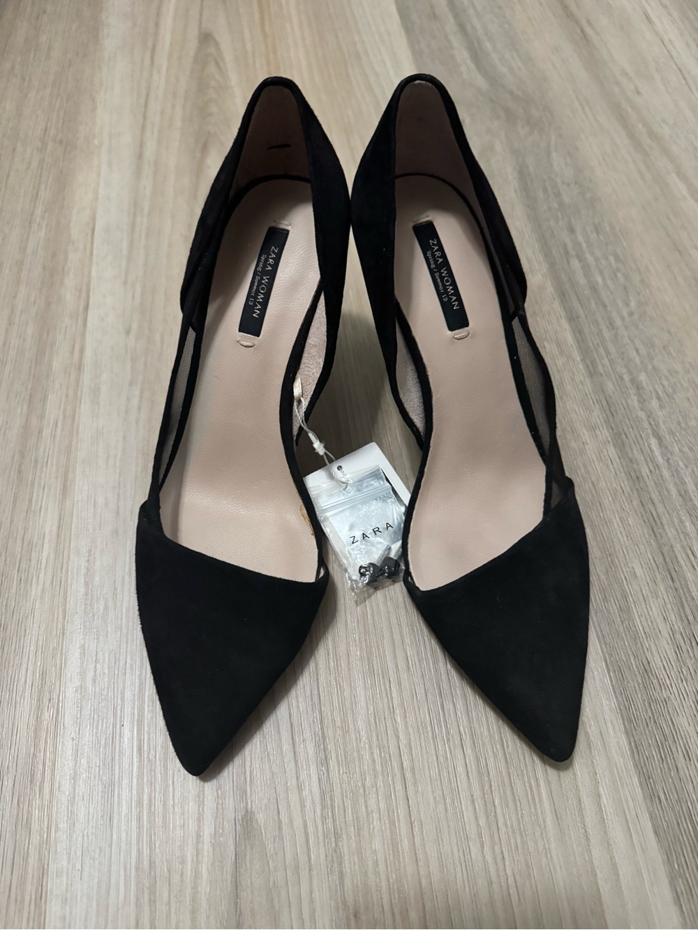 Zara Black Suede Leather Pointed Toe Mesh Detail Pumps Size 7.5 / 38 BNWT